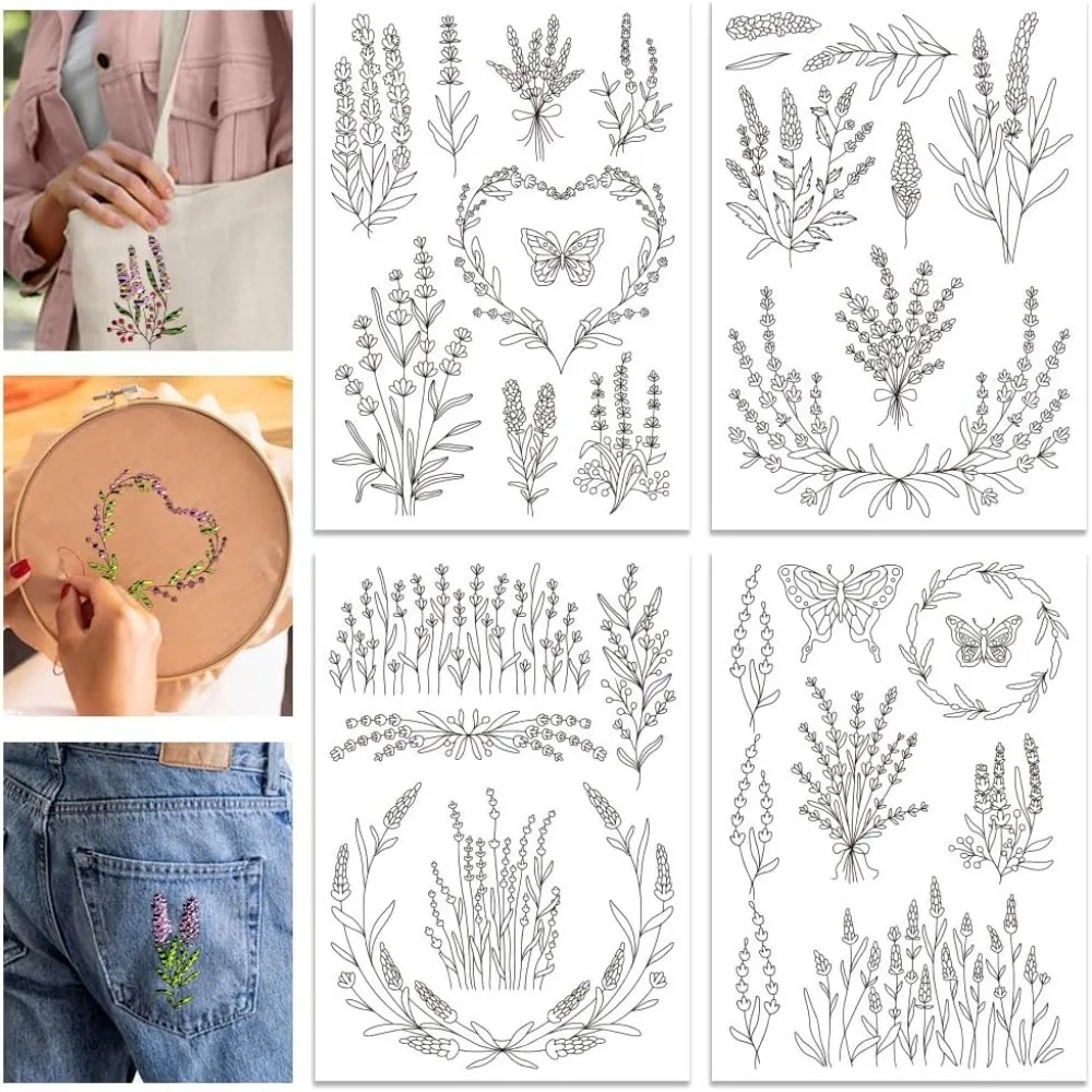 Embroidery Cloth - 4 أوراق زهرة اللافندر فراشة مثبت