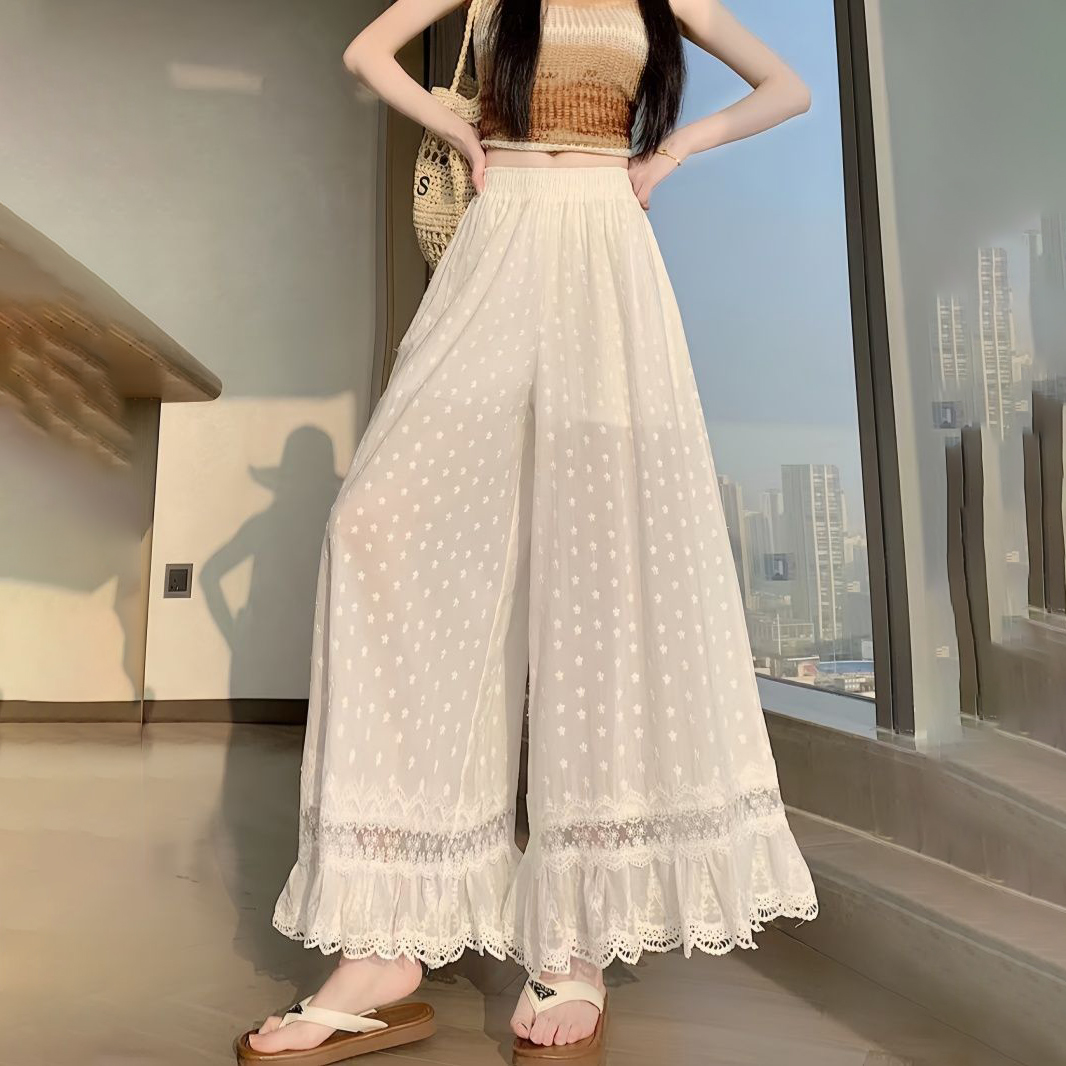 بنطلون نسائي أبيض واسع الساق ب - مراجعة Embroidery Eyelet وسعره