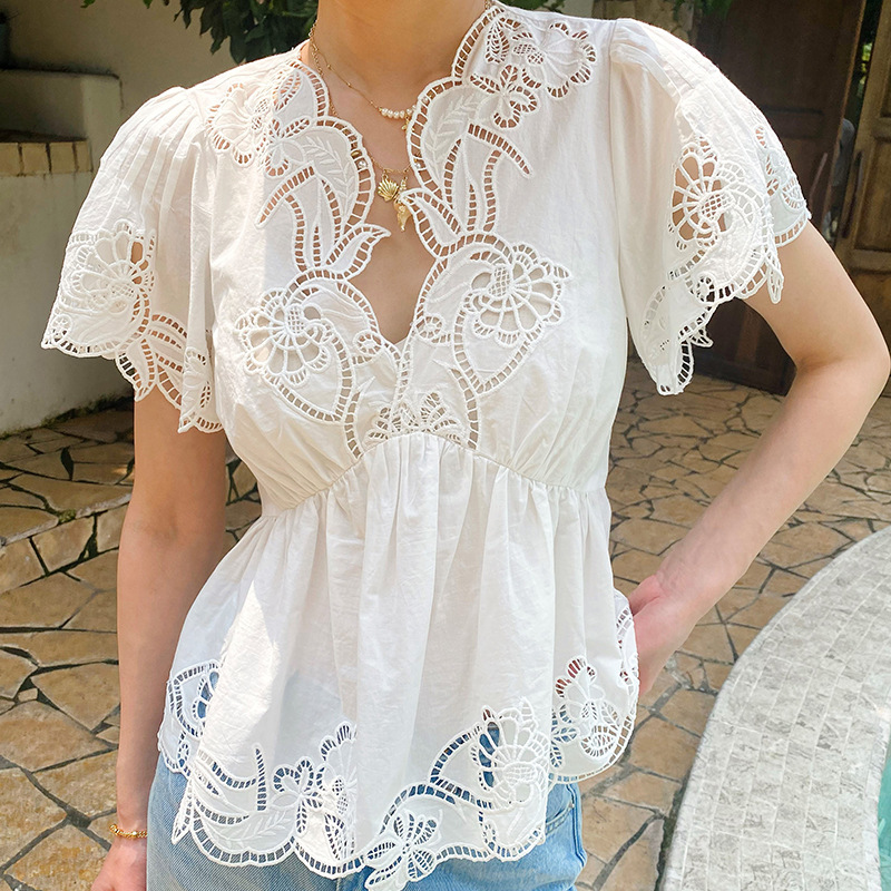 بلوزة نسائية صيفية بتصميم فرنس - مراجعة Embroidery Eyelet وسعره