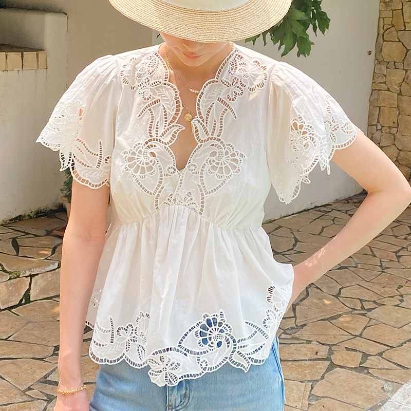 بلوزة نسائية صيفية بتصميم فرنس - مراجعة Embroidery Eyelet وسعره