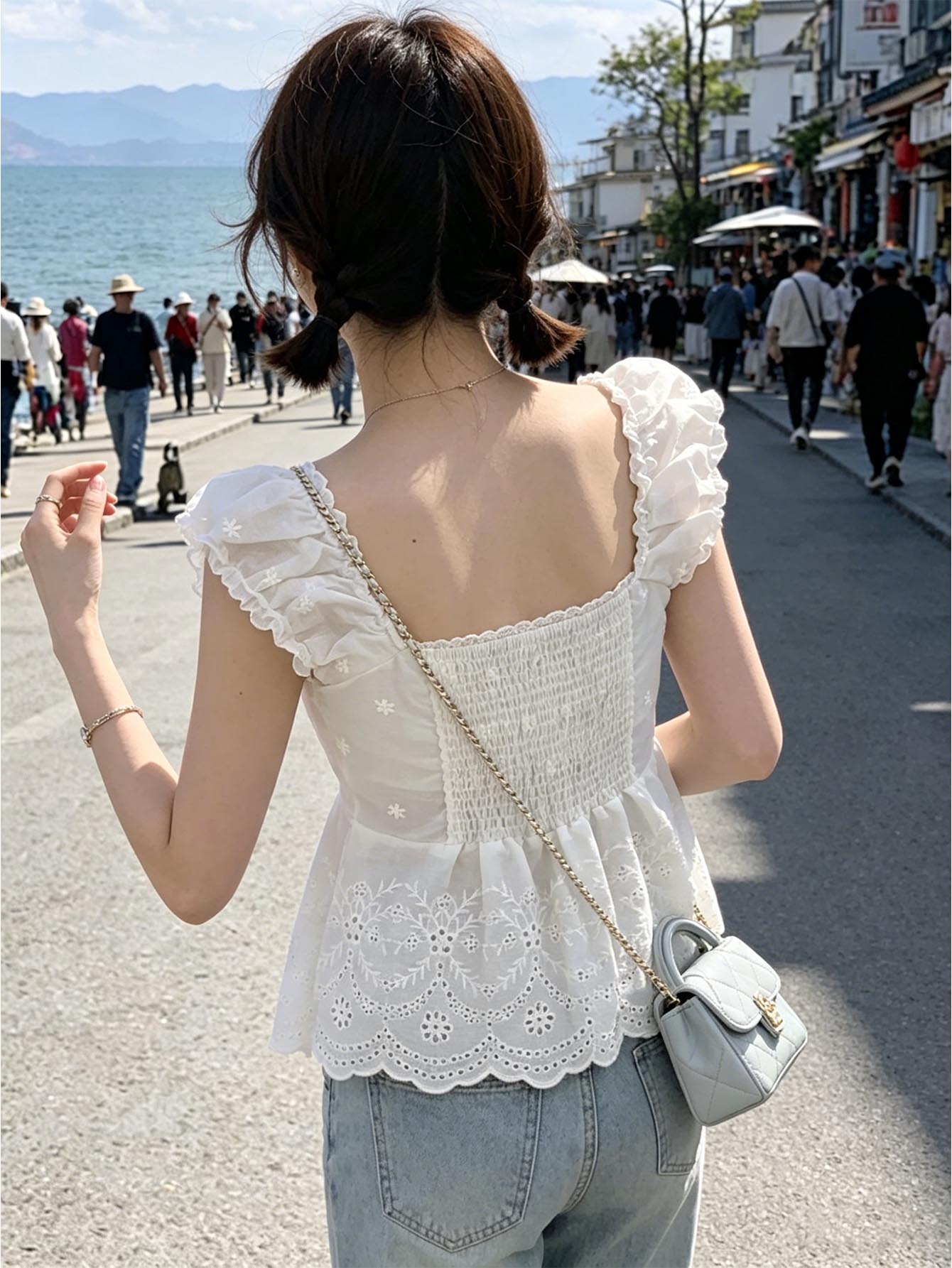 بلوزة قصيرة بيضاء مزينة بتطريز - مراجعة Embroidery Eyelet وسعره
